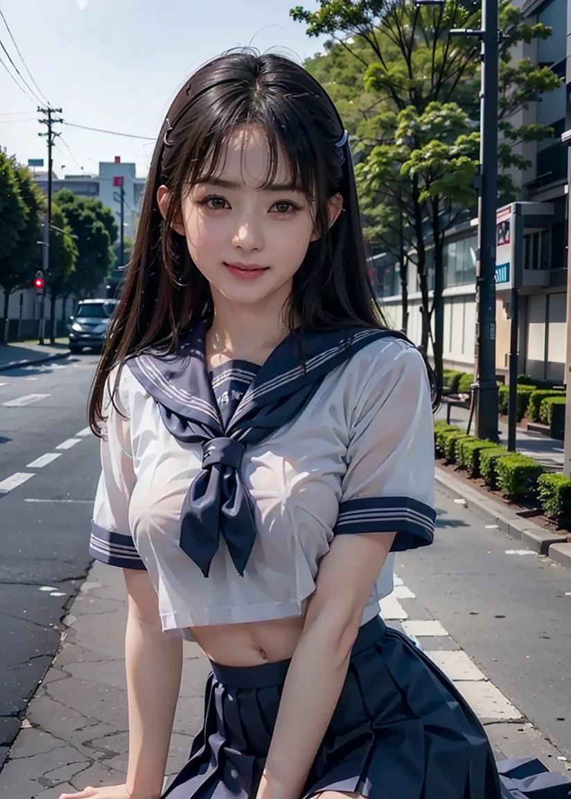 highest quality, RAW Photos, Realistic, face, Incredibly ridiculously beautiful girl, cute, Low Ponytail, Depth of written boundary, High resolution, 超detailed, detailed, Very detaileded, extremely detaileded eye and face, Sharp pupils, Realistic students, Sharp focus, Cinema Lighting, flat breasts, small breasts, small,( small bust: 1.2), small bust, (slim, small, flat, small), thin, Delicate and sexy collarbone, (Sailor suit:1.2), (Lifting Sailor suit to show off a small white bra:1.5))), (Cleavage:1.5)