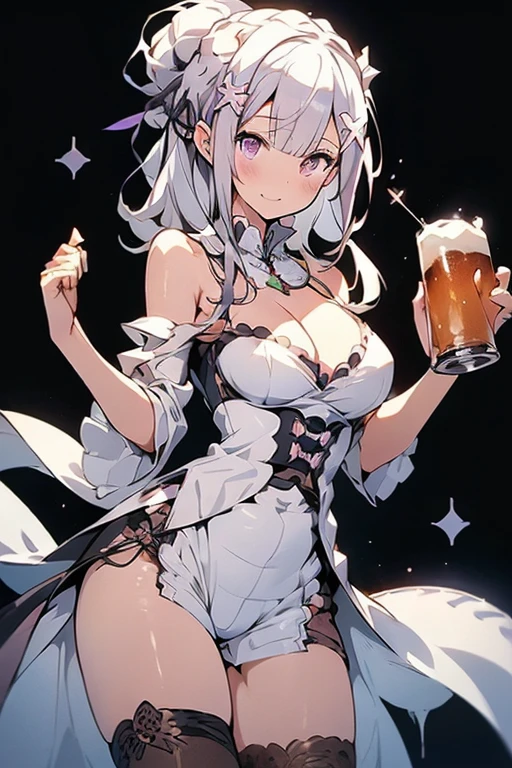 beautiful, masterpiece, Highest quality, anime, One girl, C Cup,Portrait Shot, View your viewers, Covered、Long Hair、nearby、Blue Eyes、art、White hair,black streaked hair, dark atmosphere、Thighs、Braid、Bunny Maid、Fishnet tights、Cafe、smile、garter belt、Crossing legs、skirt、Beer cleavage、navel