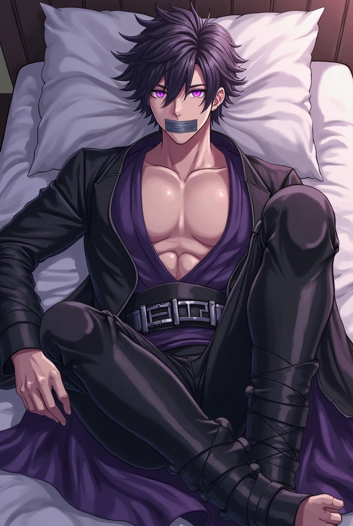 sexy evil boy in posing trunks sitting on a pile of skeletons