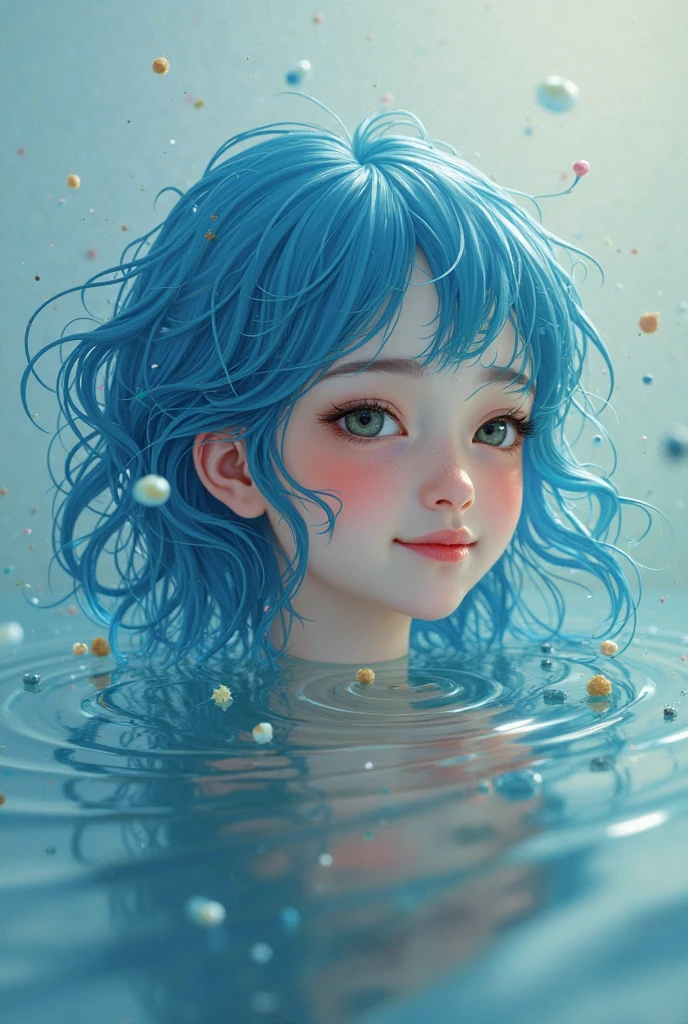 abstract background,(illustration:1),masterpiece,best quality,detailed face and eyes,1 girl,underwater hair physics,air bubbles,light coming through water,reflections,laying in water,split layers of water,school of fish,beauty,