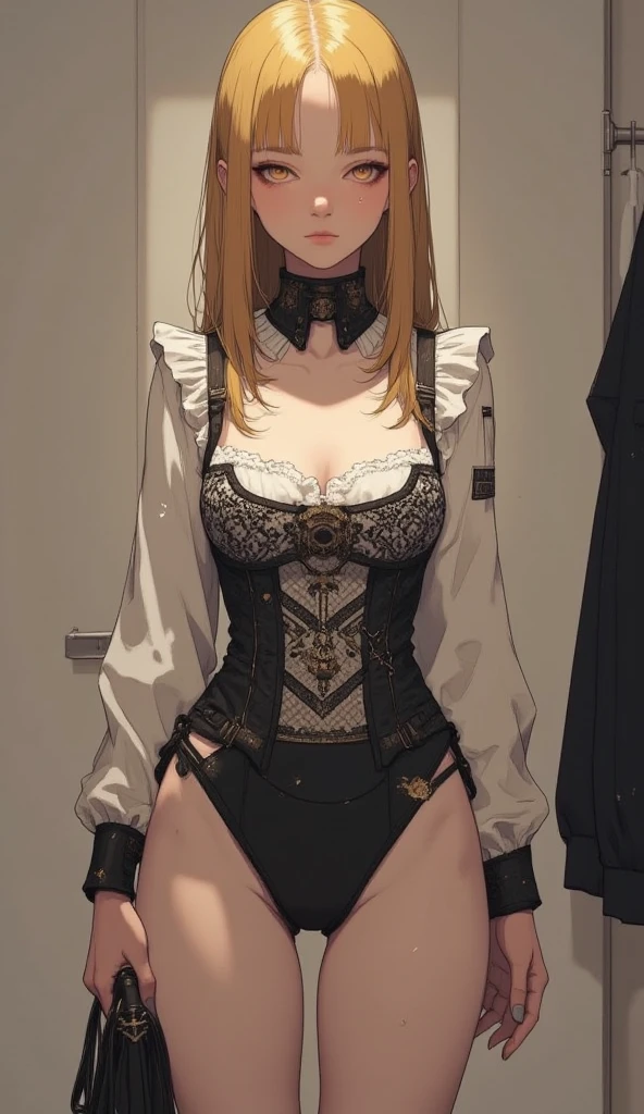 High resolution, (masterpiece:1.4), Super detailed, masterpiece:1.2,Super high quality 1.2,european girl,alone,25 years old,beautiful face,complicated eye explanation,very thin body,big breasts,blonde,hair above one eye,(medium side cut, blonde hair,),sharp focus,suit,the background is pure white