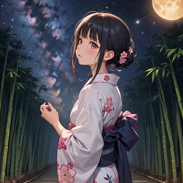 Beauty, 25 years old, countryside, yukata, night, starry sky, ((Tanabata), bamboo leaves, strips),