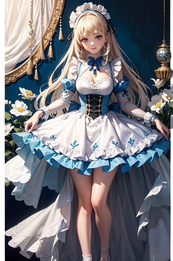 [blue:aqua:0.65] theme, masterpiece, a girl's masterpiece, detailed visual art, blue eyes, light blonde hair, long hair, collarbone, royal princess, elegant, gorgeous quinceanera dress, detailed layered skirt, [detailed frills: 0.1], [frilled dress: 0.1], embroidery, [details princess dress: 0.1], bare shoulders, big breasts: 1.3, open crotch, thigh seam, garter, groin, [NSFW| uncensored], (simple background: 1.1), low-winged, full-body