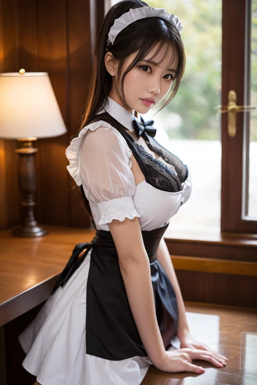 
Close-up of a woman wearing a maid outfit, masterpiece, realistic, sharp focus, (realistic:1.3), ultra high res, 8k, RAW photo, best quality, detailed shadow, amazing, finely detail, sharp focus, (shine light on face:1), (Volumetric lighting:1.4), 1 girl, long hair, black hair, large breasts, heart-shaped face,Full lips,(maid:1.4), black pantyhose, loafers, standing, cafe, from below, looking at viewer