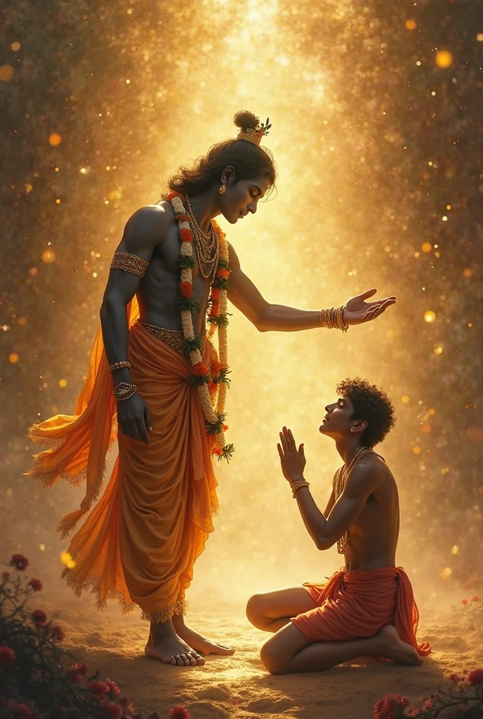 (photorealism:1.2) Rajasthani young man 2 praying with krishna God and Krishna is blessing the person in open sky and in desert
Rajasthan state map in background