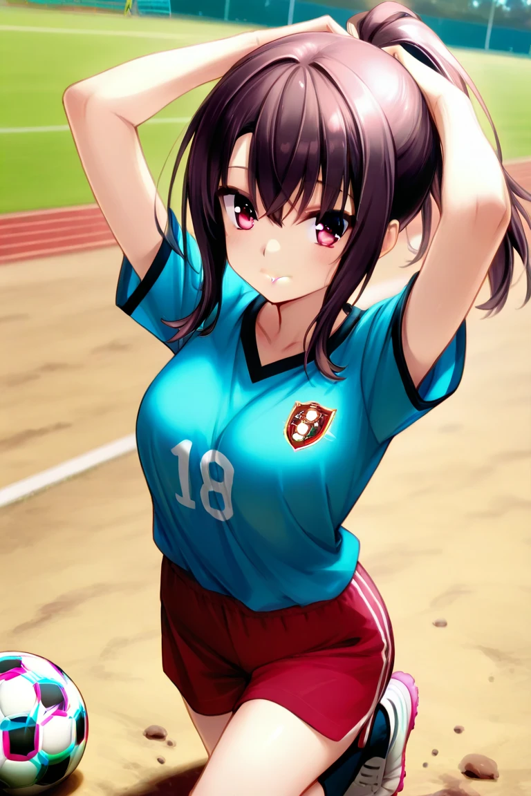 anime women's soccer、1 female player、lift with your head on the spot、place the ball on your forehead、Looking at the ball、watching the ball、 breaks natural pink lips 、kind eyes、dark haired、ponytail、arms down 、put it on your body up to your elbow、Open your arms、red soccer t-shirt、shorts、shortsは白い地でサイドに紺の2本ライン、pink spikes、school、Dirt playground、soccer ground、Highest image quality、8th life、Small head、small face