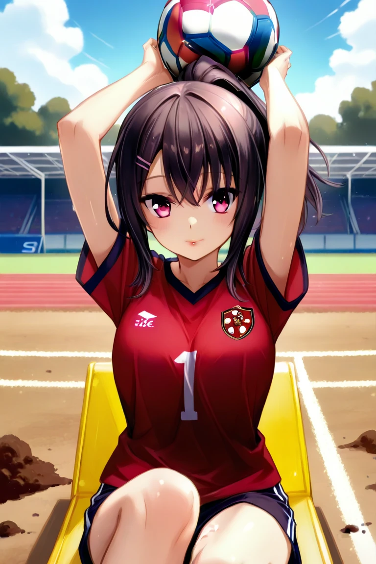 anime women's soccer、1 female player、lift with your head on the spot、place the ball on your forehead、Looking at the ball、watching the ball、 breaks natural pink lips 、kind eyes、dark haired、ponytail、arms down 、put it on your body up to your elbow、Open your arms、red soccer t-shirt、shorts、shortsは白い地でサイドに紺の2本ライン、pink spikes、school、Dirt playground、soccer ground、Highest image quality、8th life、Small head、small face