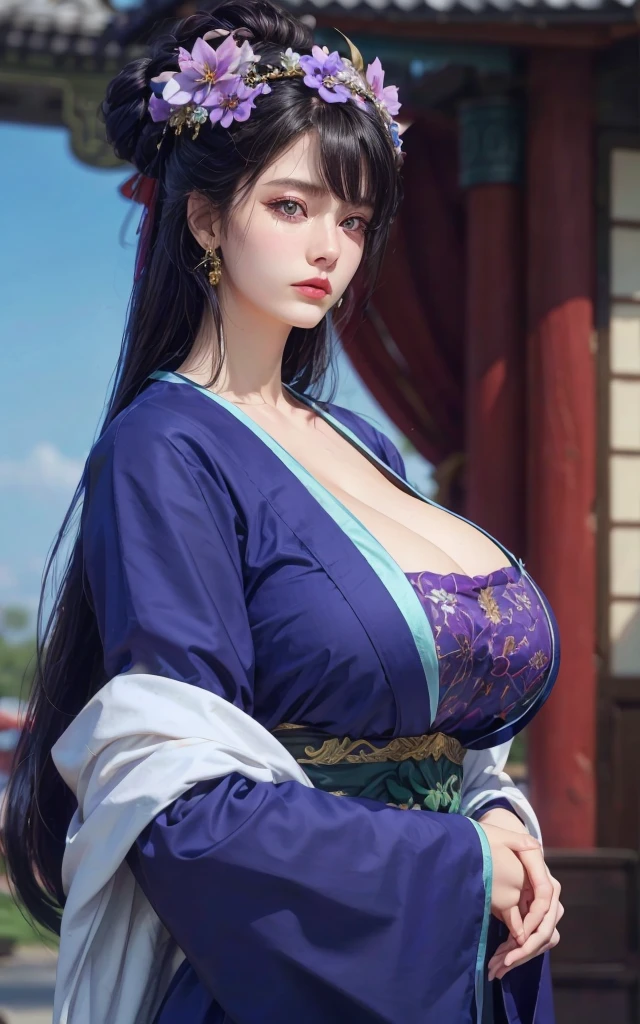 best qualtiy、​masterpiece、photoRealstic、intricate-detail、Raw foto、Photon Rendering、Octane Rendering、absurderes、ultra-detailliert、A detailed face、Detailed skin、Trending in art stations、8K Masterpiece、lighting like a movie、( (1girl in))、((独奏) ))、CG Social Trends、Plastic En、((Black Long Hair))、((Beautuful Women))、(A smile)、Upper teeth、Fashionable、Hair that flutters in the wind、((Flowing hair))、fashion magazine、((A sexy))、((lighting like a movie)、((indirect lighting)、、(ssex)、Grinning、(View from a distance)、((Festival of Japan))、Purple kimono、