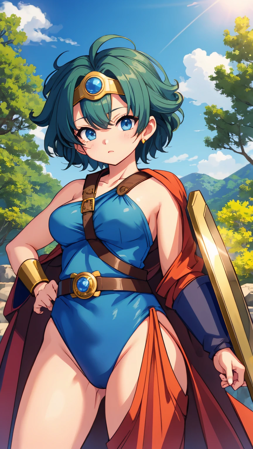 (((SFW、sound、Highest quality、First class work、Normal body、、Detailed face、Ultra-precision、normal hand、Normal refer to、5refer to、Highest)))、beautiful girl、Black Hair、yamato nadeshiko、Small breasts、Shortcuts、Blue leotard、Shoulder Off、Black paleo skirt、Red Cape、Circlet、Bastard sword、shield、Dragon Quest、grassland