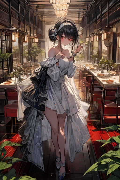(from below:1.2),(from side:0.9), ((Face)), (Close-Up:0.4), (A masterpiece of image quality in 8K),(Beautiful Allafed Woman),(((emphasizing breasts:1.3))),(Dynamic angles),(Dynamic and sexy bending pose:1.3),(sit a chair:1.3),(Short hair in shiny silver and orange inner colors,large full breasts,Disturbance of clothing due to movement,breast slip,(Ponytail twisted buns adorned with elaborate braids and beads,Braided Setup Fishbone Hair:1.2),(see-through bangs),small breasts,(((A brown lace apron that shows your bare skin from under your small breasts.......)))、Blush with embarrassment、Enraptured eyes、 open mouth,A smile that beguiles the viewer、(Look back:1.7)、Look into the photographer,skin glistening with sweat,gazing at viewer,,(Professional Lighting),(masutepiece,top-quality,Ultra-high resolution output image,),(Ultra HD with complex detail image modes),depth of fields,Beautiful hands,Beautiful fingers,Detailed finger features,(Detailed hair features:1.7),detailed facial features,detailed clothes features,
