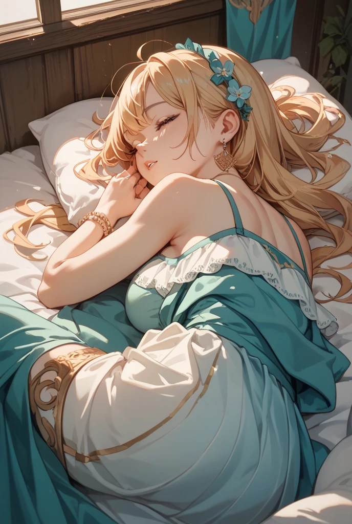 best quality,Super detailed,Perfect limbs,floor、mini skirt,Clothes with intricate details,Bright,Swimsuit,one person,blond,Sexy、Deep sleep、long hair、Stockings