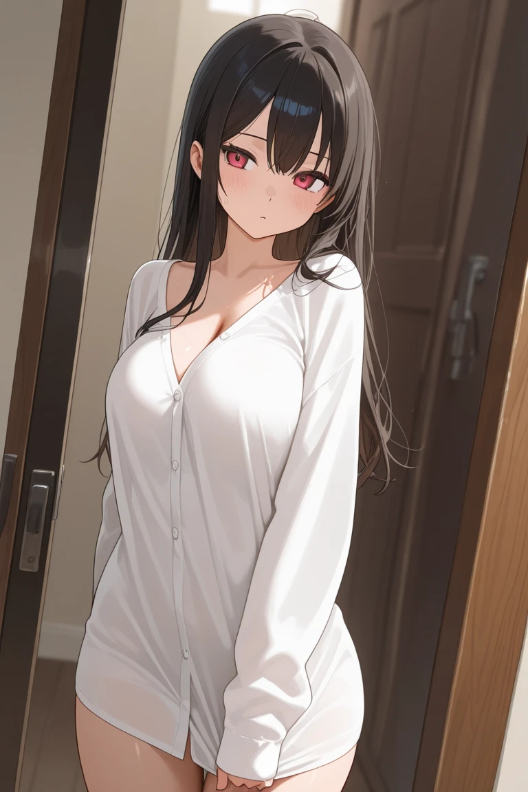 (8k,RAW Photos,Highest quality,masterpiece:1.2),High-quality RAW color photos,Professional photography,Cinematic Light,((young woman,Gal)),Black Hair,Looking at the audience,underwear,bulging big breasts,Vibrant colors、smile、Captivating breasts、underwear姿、Pause、standing posture,bangs,beauty,One person,Place your hands behind your back