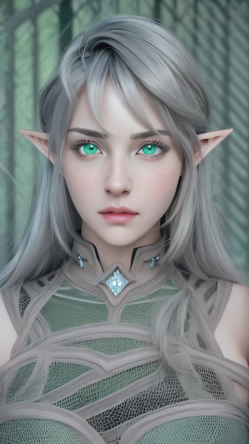 (Photorealistic: 1.5),grey hair, beautiful detailed green eyes,pointy ears,diamond shaped head, beautiful face,retain her hairstyle
