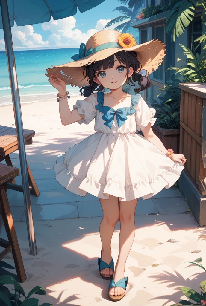 ((petite cute jk)), ((cute face)), ((cute eyes)), ((masterpiece)), ((best quality)), ((ultra detailed)), (exquisite), ((depth)), ((crisp)), (8k), (beautiful and aesthetic), ((super detailed skin)), ((high standard)), ((highres)), (perfect anatomy), (full body), (blush), (lipstick), (nostalgic scenery), (seaside), (emotional), (sundress)
