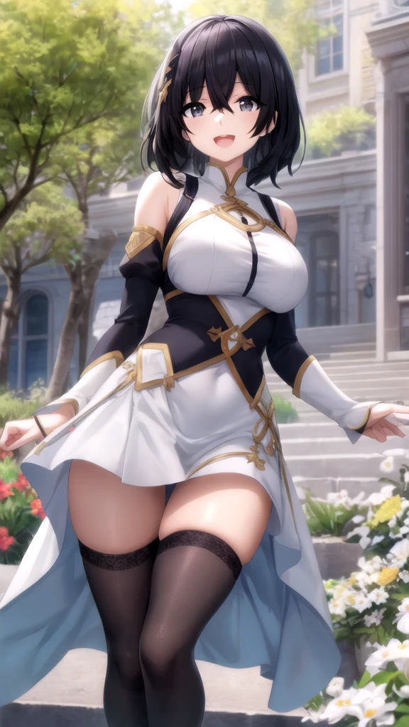 ((masterpiece:1.5)),((Finest quality)),(Ultra-high precision),8k picture, Top quality anime, Highest level of resolution, sharpnes, nsfw,(skirt lift:1.3),(white pantie:1.1), showing off bikini, cameltoe, see-through, princess dress, glamor, straight hair ,long hair, hair ornament, large breasts, cheerful, smile, garter belt, fishnet pantyhose, micro bikini, very short pleated miniskirt, outdoor, park, midday, long coat