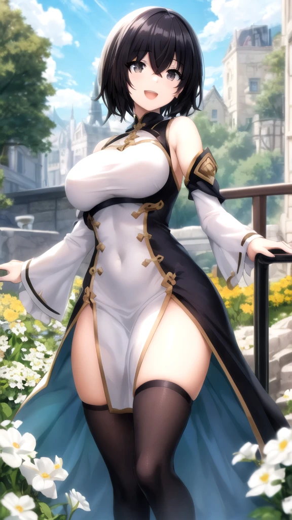 best quality, official art, masterpiece, textile shading, HDR, very detailed, colorful, best details, fantasy, 2B, 1 female, 25 years old, black hair, short hair, up bang hair, one length, best quality, official art, masterpiece, textile shading, HDR, very detailed, colorful, best details, fantasy, battle suit,1 female, 25 years old, standing on stairs, a castle town with an old castle view, sunny, random hair, big breast, skinny, Surrounded by a large crowd:1.9, Confetti flutters, Blessed, Being welcomed:1.5, cameltoe:1.3, ground level shot:,