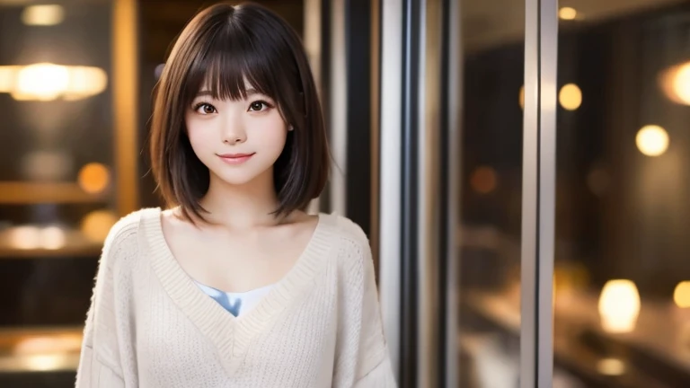 (Close up of slender small breasted two side-up hair girl and short brown hair girl wearing winter colorful knitted sweater and shirt:1.5)、(girls have a christmas party、Smiling and drinking cocktails in a cafe at night:1.5)、(Blurry background,:1.5)、(Perfect Anatomy:1.3)、(No mask:1.3)、(complete fingers:1.3)、Photorealistic、Photography、masutepiece、top-quality、High resolution, delicate and pretty、face perfect、Beautiful detailed eyes、Fair skin、Real Human Skin、((thin legs))、(Dark hair)