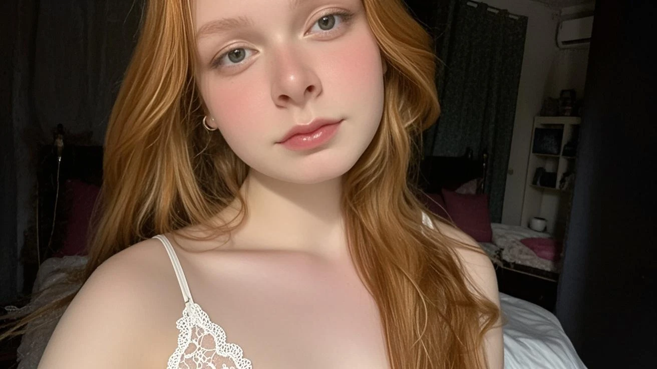uma mulher ruiva de 27 anos, with some imperfections seeking realism, com look sensual e usando roupas leves ou de seda.