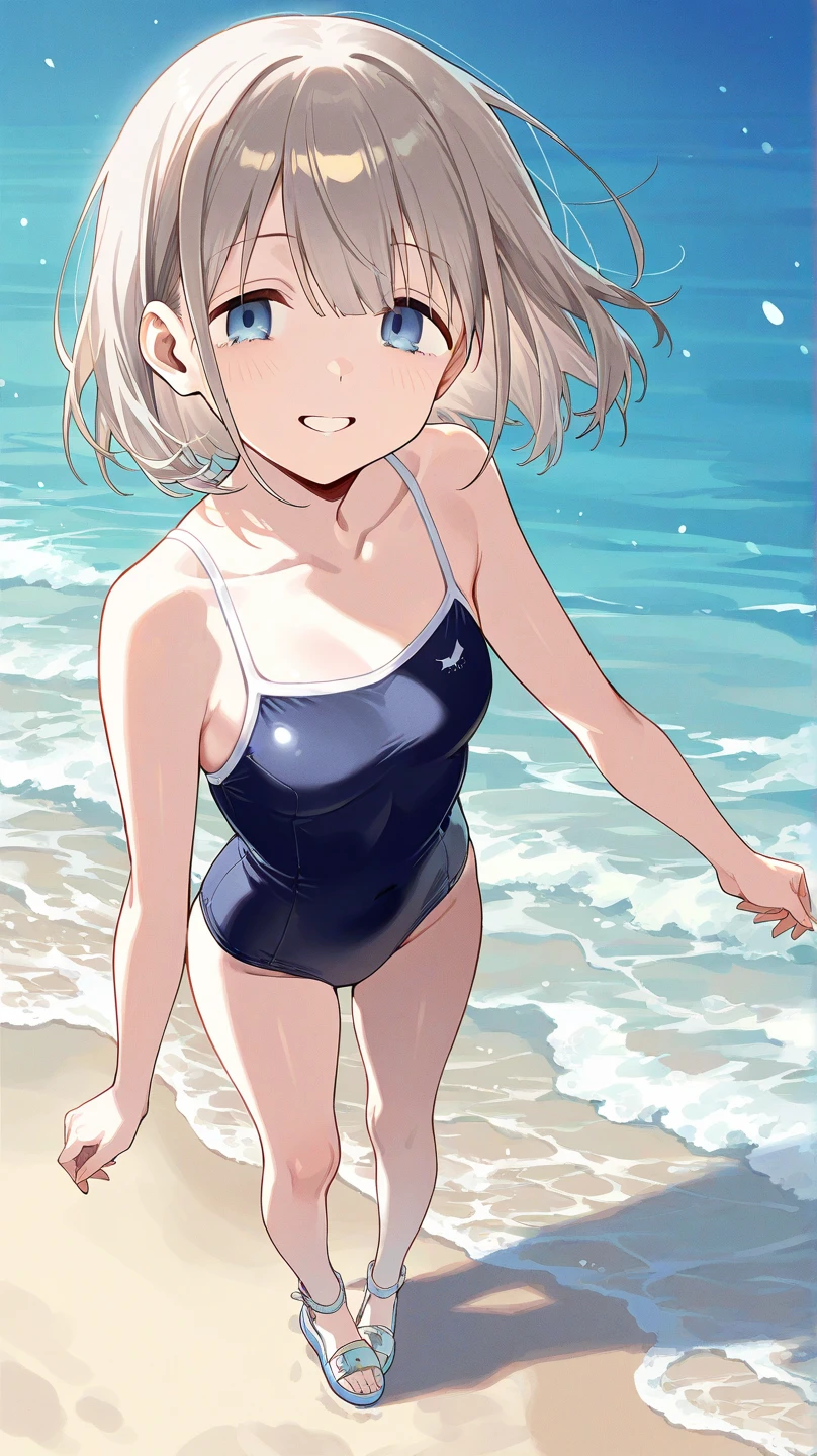 one-piece swimsuit, Ocean, ((One girl)), (evil grin:1.3), (Put your hands behind your head:1.3), Medium chest, (Cat ear), Gray Hair, Bobcut, School Swimsuit, clear, Daytime, Outdoor, (Cowboy shot from the front), ((Highest quality)), ((masterpiece)), (detailed), 4K, Perfect Face, Perfect Arms, Perfect hands, Perfect Fingers, anime, Ultra-fine illustration,