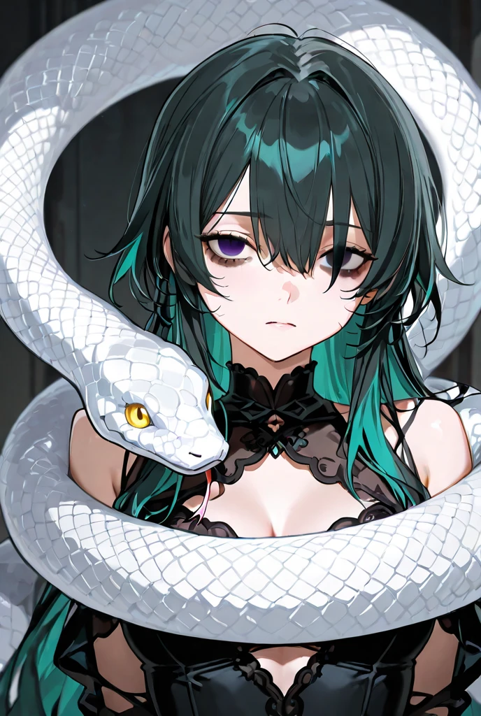 pale skin anime girl, long black hair, green snake eyes, Fangs, Sharp nails, Pearl Necklace, pearl earring, white furry jacket and sexy black dress, black heels.
