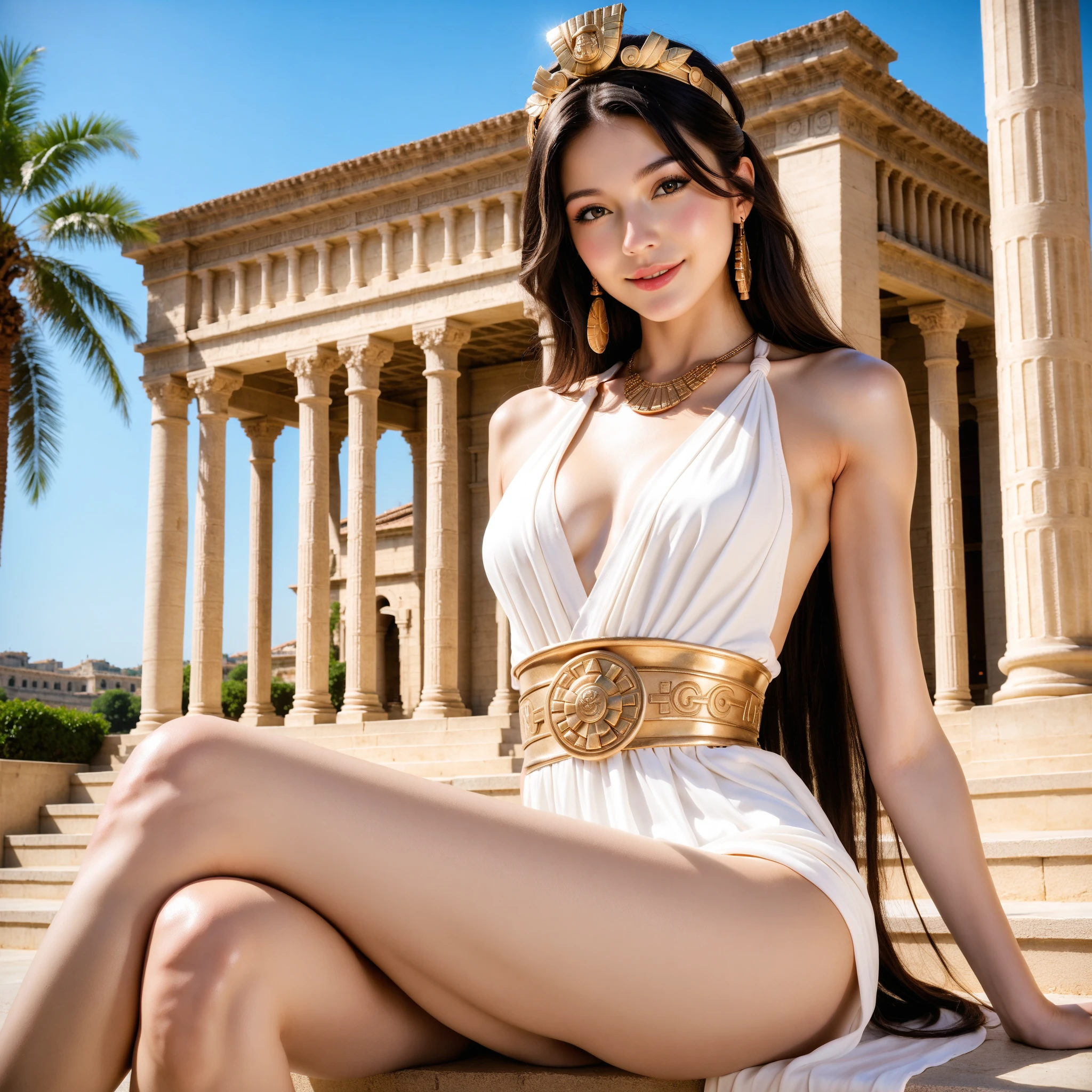 Epic perilous defeated scenery of a beautiful maiden in a roman palace, (defeated unconscious asleep, body lying on the ground floors of the palace), beautiful enchanting white skin Indonesian Maiden age 27 year old, perfect aspects, 36-24-36 body ratio, slim abs, slim natural round breasts, wearing beautiful loose white toga over one shoulder, one bare breast, gold dress accents, white maxi high thigh leather boots, beautiful long 1.5m loose hair with micro gold headband, white long cape, detailed face, ultra realistic photography, natural lighting, sharp focus, dof, (((masterpiece))), 64k