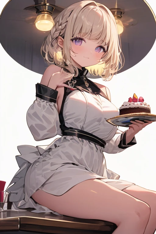 (small breasts:1.2), (perky chest:1.2), (pointed chest:1.2), (Pudding cake magazine cover:1.3),(from below:1.0),(shoot from the side:1.1),masterpiece, 1girl, Amazing Cleavage:1.1, thin waist, optimum,tmasterpiece,hight resolution,best qualtiy,hyper HD,super detailing,awardwinning,a 18yo cute girl,(The upper part of the body),anatomy correct,Beautiful Black miniskirt,garters,Gaze,Small face,bangss,holster,Beautuful Women,hands up,leg holster,Gaze,black boots,Cowboy Shot,cute face,a blond,Longhaire,Twin-tailed,Braids, Hairline,(scarlet eyes),long eyelasher,Hanging eye corners,White skin of the, ((see through camisole:1.1)), ((Sheer nipples:1.0)),Rocket ,(Slim body),smile,seductive weak smiling,(with sparkling eyes and a contagious smile),little open mouth, Looking at Viewer,