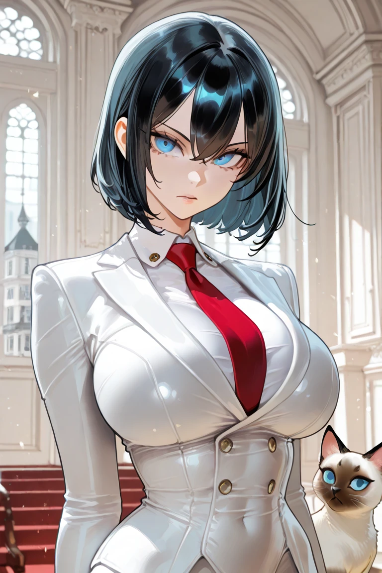 (masterpiece:2.2, best quality:4.0, beautiful, high quality, highres:4.1, aesthetic), detailed, extremely detailed, ambient soft lighting, 4K, perfect eyes, perfect face, perfect lighting, 1girl, bangs, black dress, black hair, breasts, covered navel, dress, fubuki \(one-punch man\), fur coat, green eyes, jewelry, large breasts, lips, looking at viewer, necklace, pearl necklace, short hair, simple background, solo, sweater, thighs, turtleneck, turtleneck dress. Fubuki One Punch Man usando um vestido preto e uma faixa em seus olhos