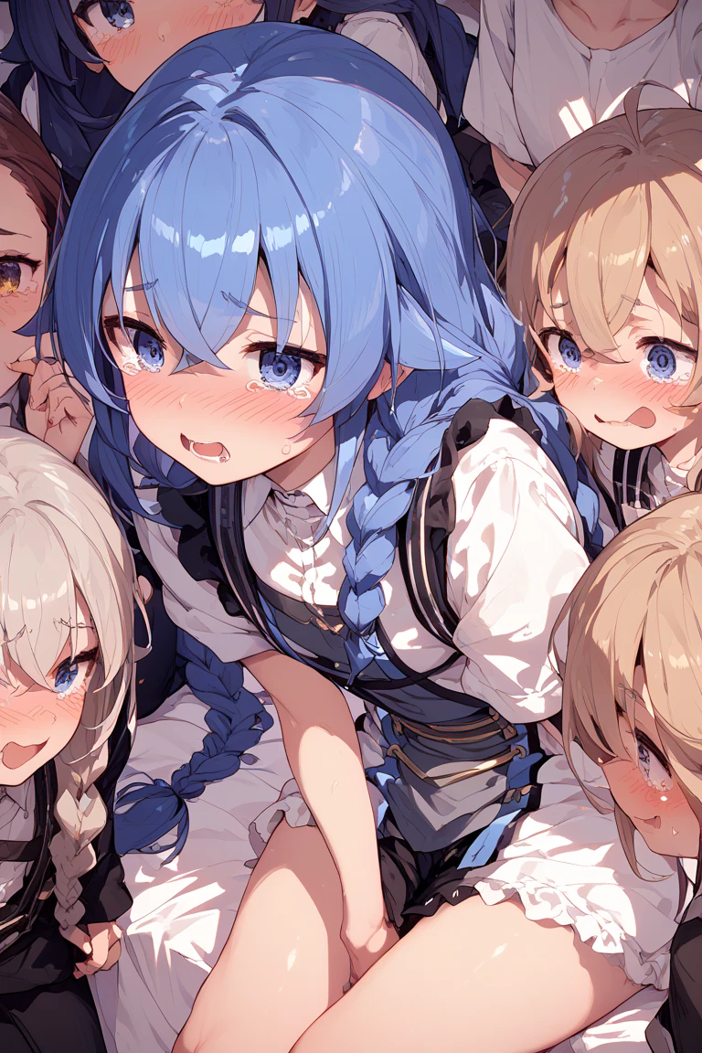 girl, In a dark castle, blue mucus, necklace, stockings, tricky glance, embarrassed,