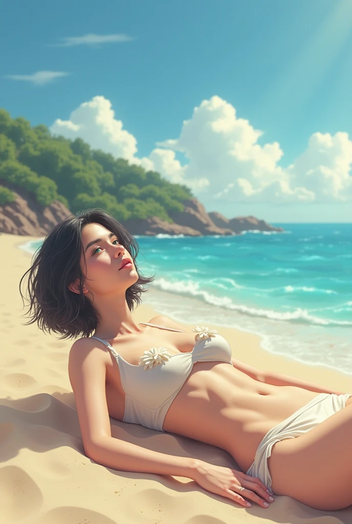 Desktop Wallpapers、((Top resolution、8k wall paper:、巨作、Ultra Hi-Res)),1garl、Glamour Woman、maicro bikini、Lovely smile、Raking up your hair、Upper body body、glowy skin、Frolicking in the sea、Natural light lighting、Into the cloud、