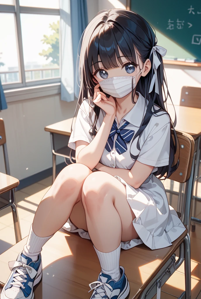 Mansuji、お漏らしをする、pee、Top quality wet, ​masterpiece, Girl crouching on beautiful face, (photographrealistic:1.3), Rim lighting, (High Detail Skins:1.2), 8K UHD, Digital SLR、bangss、 hightquality, hight resolution, 4K, 8K, bokeh dof, absurderes, best ratio four finger and one thumb, (realisitic:1.3), pretty 1girl, Panchira、white  panties、Taken from the front、food、White mask、white  shirt、Gray vest、Blue Ribbon、short skirt of dark blue color、Dark blue socks、lowfers、校服、School