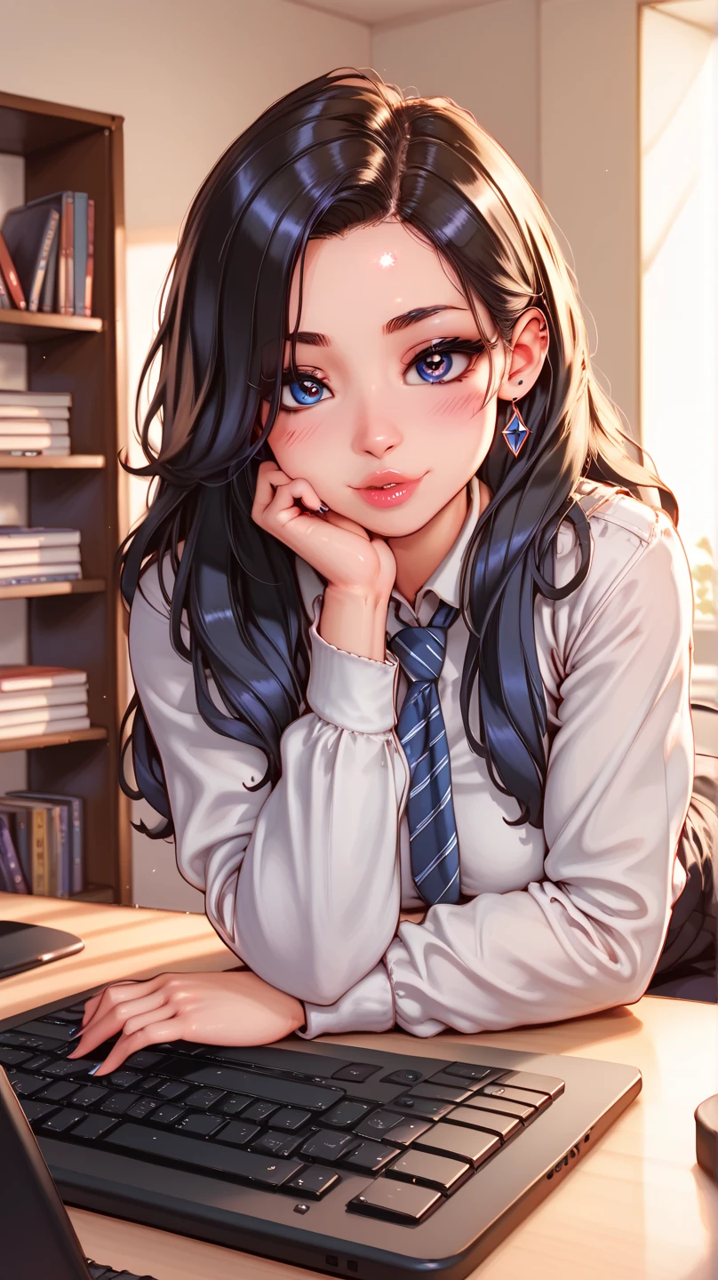 masterpiece, best quality, ultra-detailed, illustration, epic lighting, cinematic composition, isometric, 1girl, (solo:1.5), cute, blue eyes, green eyes, detailed iris, black hair, swept bangs, single sidelock, red hairclip, white collared shirt, black necktie, black pants, formal, enchanting gaze, captivating pose, indoors, office, door, opening door, looking at viewer, peeking out upper body, blush, seductive smile, closed mouth,(8k:1.1), (ahegao:1.5)