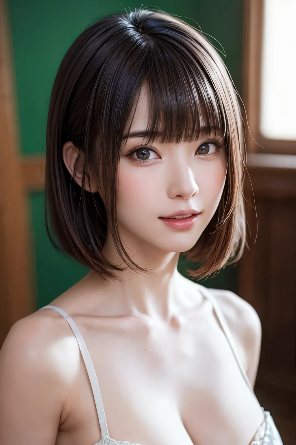 ((masterpiece, Highest quality, High resolution、Realisticですべてが美しく詳細に描かれている)), 1 person, (Realistic: 1.4), alone, White Background, snow-White Background, Mouth closed, smile, smile, Beautiful black hair, short hair, Big eyes, Transparent double eyelids, eyelash, Listen carefully, Long neck, 美しくLong neck, Absolute area, ((Face close-up)), (Draw the whole head, shoulder), 1, Attractive proportions, Glowing Skin, Beautiful clavicle, Golden ratio face, Perfect Face, Teardrop-shaped mole, chestのほくろ, bangs, clean bangs, beautiful bangs, Lip gloss, Thin lips, Fair skin, naked, Big Breasts, {Huge|big|Hugeな|Mega} chest:2, chestの谷間:2,chestの谷間を見せる、Small face, Small face, All the heads are painted, shoulder all drawn, Point slightly above the camera