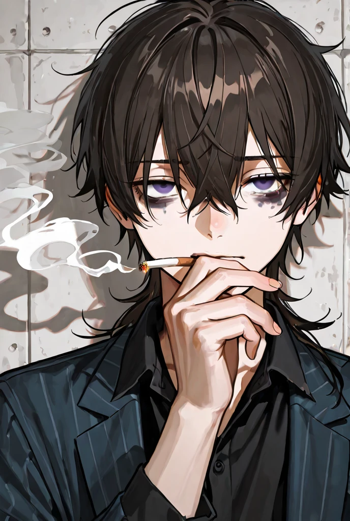 ((masterpiece, best quality), (anime), (close-up:1.36), (head-shot:1.36), (from front, facing front:1.15), (cigarette), 1man, male, solo, smoking a cigarette, black hair, facing front, facing front