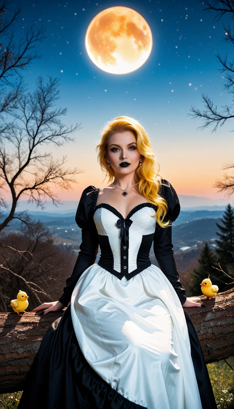 In this evocative fine art photograph by Claire-Thompson, captures a melancholic a Blonde bombshell curvy girl with her small duck. (Her pale skin glows softly, accentuating bold pink-lips, and piercing blue eyes)Stands amidst a dark modern-indoor setting at night. Dressed in a revealing outfit(A vibrant, fantasy-inspired dress with a layered skirt, puffy sleeves, and bold colors. The design is playful and magical.
Accessories: Headband, ankle boots.
Adjusted for Blonde Curvy Girl: The layered skirt and puffy sleeves add volume and drama, while the fitted bodice highlights her bust and waist). ((In her arms(she cradles a fluffy small-duck with gentle), surrounded by lush plants)). Dimlit, amidst a dark modern-indoor setting at night. To her right an antique chair with gold upholstery, and (natural flowers with carrots)-on a small table, she is surrounded by a lush plants, (((in a black/gold colors palette))):