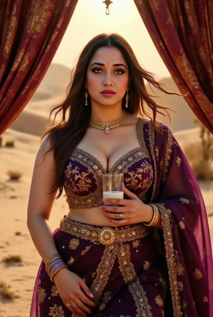 (masterpiece, best quality:1.2), (((solo))), (((1girl))), looking at viewer, hazel eyes, a smile on the face, royal and lusty look, standing posing like a professional model for a photoshoot, (((Huge Boobs))), perfect composition and light, hyper realistic skin texture, super background decorations detailed, 8k, high quality, trending art, trending on art station, photo, intricate details, highly detailed, ((((Cropped Breast Wear)))), (((Southwest Desert background)))), (((wearing a bright colour Saree with designs and patterns with sleeves))), ((((big sexy Hour Glass body shape)))), (((Southwest Desert background behind her))), (((Portrait Fashion Photo)))