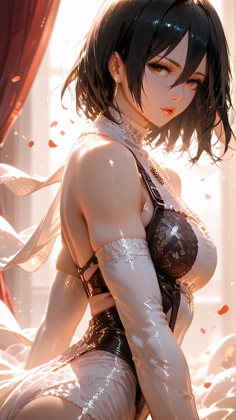 a beautiful woman with short black hair, flat face, side profile view looking upwards, brown eyes, ice flakes decorating, fantasy style, (best quality,4k,8k,highres,masterpiece:1.2),ultra-detailed,(realistic,photorealistic,photo-realistic:1.37),detailed eyes,detailed lips,extremely detailed face,longeyeslashes,fantasy,ice,snowflakes,cold,winter