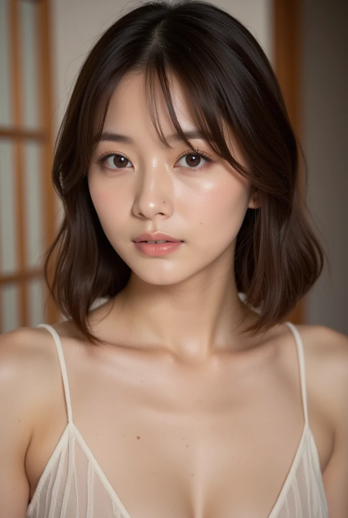 (8k, Realistic, RAW Photos, Best image quality: 1.4), Japanese women、Around 50 years old、Cleavage:1.4、Chest to chest、Sleepy expression、double eyelid、Round Nose、Thick eyebrows、Thick lips、Light brown hair、Short Hair、Sporty hair、Voluminous Hair、Wearing earrings、Hide your ears、Shoulder out、(Realistic:1.4)、Dark Room
