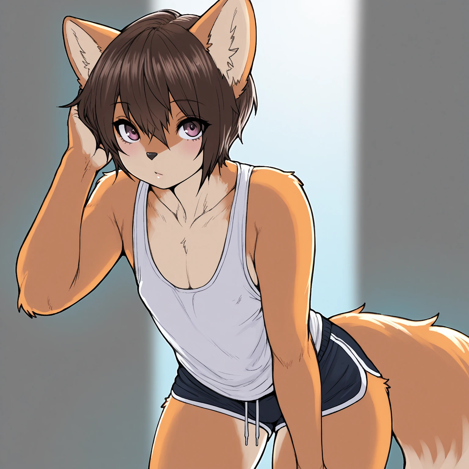 solo, 1girl, bandages, midriff, gold eyes, pale skin, super saiyan, black hair, head tilt, wide-eyed, fox ears, fox tail