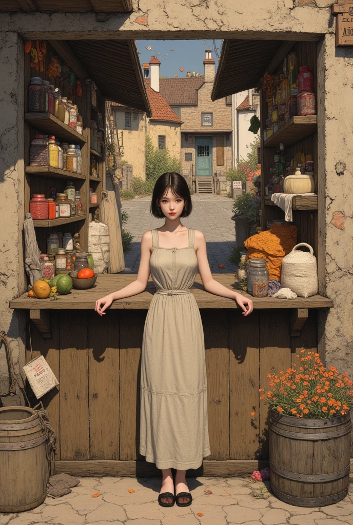 Gentle slim (skinny) girl 16 years old with an exquisite perfect very beautiful face of the southern type with large alien eyes (with dark amber hair) nude with small tender naked breasts with pink tender nipples with bare hips (in a long old brown skirt) (barefoot) in a post apocalyptic city (on another planet) (explores an abandoned cafeteria), dawn sun, (delicate mint and blue shades), (peach and golden shades), freshness and coolness of the morning, tenderness, Fantastic surroundings, (The girl is wearing electronic bracelets and rich precious jewelry on her neck and chest, bare chest), buildings and control panels, Signal lights, (old railings, dilapidated buildings), (gentle morning unclear light, Soft shades, fill light, haze, sfumato) (coffee and books), utensil, bottles, post-apocalyptic, everything is overgrown with grass