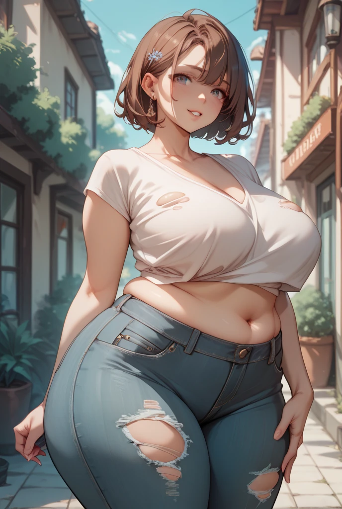 ((Masterpiece)), perfect anatomy, perfect shading, field of depth, (best quality), extremely delicate and beautiful, perfect lighting, detailed face, ultra cute face, cute, (cowboy shot 1.2), full body, (((1girl))), ((solo)), looking at viewer,

short hair, fluffy hair, brown hair, green eyes, ((blush)), affectionate smile, happy, (white T-shirt 1.5), (shorts 1.2), belt, extremely tight clothes, medium breasts, perky breasts, ((wide hips)), ((thick thighs)), pudgy

street, intricate background, detailed background, hand on hip, waving,