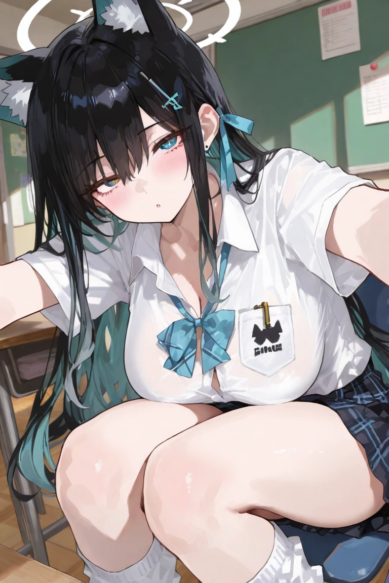 high school girl、Unfold panties with both hands、Plump thighs、Best image quality、High resolution、masterpiece、super high quality、Striped bra、Striped panties、Panty flashing、とてもBig Ass、Blushing、4K quality、Thick thighs、Big Ass、Blushed、Big Breasts、Proud face、Wearing black knee socks、Sticking out tongue、heart、Squat with your legs apart