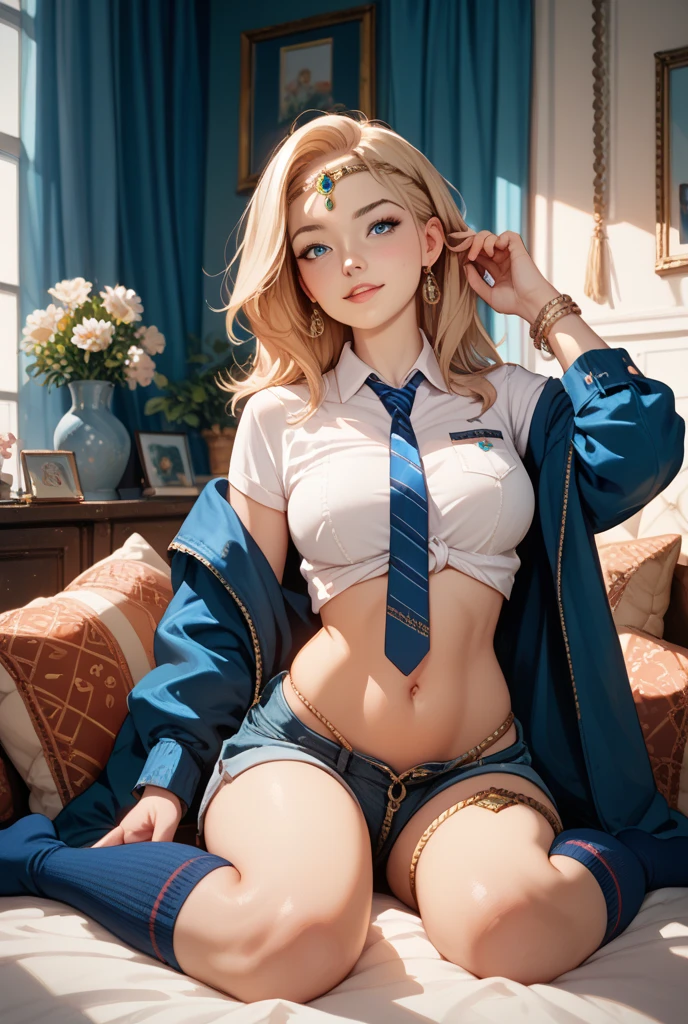 Exposed genitals，Detailed disclosure of details，Artoria Pendragon，Skinny fishnet socks,Kizi ，diadems，choker necklace，Golden hair，Golden pupils，diadems，queen，palaces，Put your hands behind your head，Tulle coat，Clothes open，Gorgeous short skirt，Golden pupils，Leg to knee，with thin legs，white legwear，without wearing shoes，fresh flowers，8K，Lewd expression，Blushing，