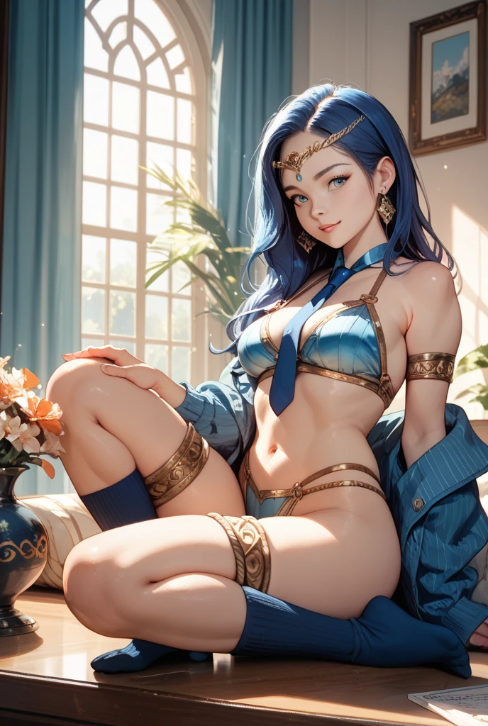 1 girl, lucina, fire emblem, blue hair, blue eyes, soft, soft light, delicate, jewelry, frills, (dripping, cum, vagina), small breasts, filigree, exposed breasts, (bed, happy, smile, thighhigh boots), blue