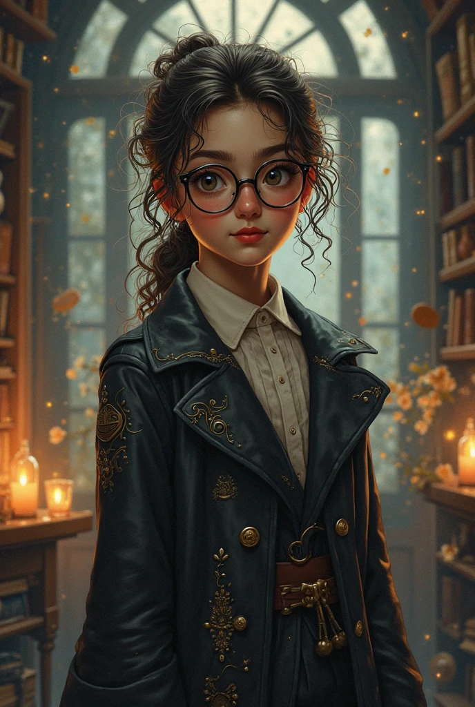 (Cinematic Frame: Realistic, Fine Drawing, Lots of Details) (((ultra realistic))) Photo, masterpiece, top quality, (pale skin), (Ultra detailed face and eyes), 1 girl, Adult, woman, dark fantasy, dramatic, lighting, shading, ((25 year old librarian chestnut colored hair and cute button nose with glasses)), full length, (Natural breasts). (Soft Lighting), (The play of light and shadows in the dark of night), depth of field, bokeh, (special attention to skin detail: 1.2), Detailed leather texture, detailed skin pores. (((surreal atmosphere in the Library in the frame:1.2))), (Color range - midnight black, ox blood red, sap green and royal purple tones), UDR, ((Film grain)), ((rays)), (Glare), ((full body portrait:1.2)).   darkness