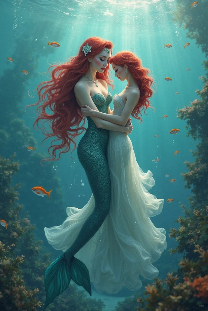 Extremely detailed image of a blue-haired FEMALE mermaid with a powerful dark blue fish tail sitting in the water of a rocky alcove with the water level reaching up to her shoulders and the mermaid is reaching up with one hand to cup the cheek of a young adult tomboy human girl with a figure and short red hair and freckles on her face and arms and she’s wearing a simple nightgown. The mermaid is kissing the girl intensely in this position.