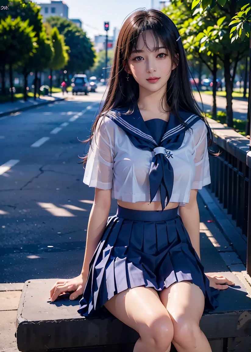 (((masterpiece, Highest quality, High resolution, 超High resolution, Pixel Perfect, Written boundary depth, 4K, RTTX10.0))), Exact finger count、Exact number of legs、(Exact number of arms:1.0, Exact number of hands:1.0), (Perfect hands, Perfect Anatomy), Cinematic, Realistic, Extremely detailed CG, night lighting, Perfect lighting, Best Shadow, The best natural light, whole body, Perfect body, Plump body, short hair, smile, ((Woman showing off her panties:1.3)), (school uniform, Sailor suit, Knee-high socks, loafers, Navy pleated mini skirt:1.3), (Sexy and cute panties), (Stylish shiny satin pink panties:1.2), Side tie panties, Lace panties:1, Feeling embarrassed, (blush:1.2), (Embarrassed expression:1.4), (On the streets of the entertainment district at night:1.3), Angle from the front　