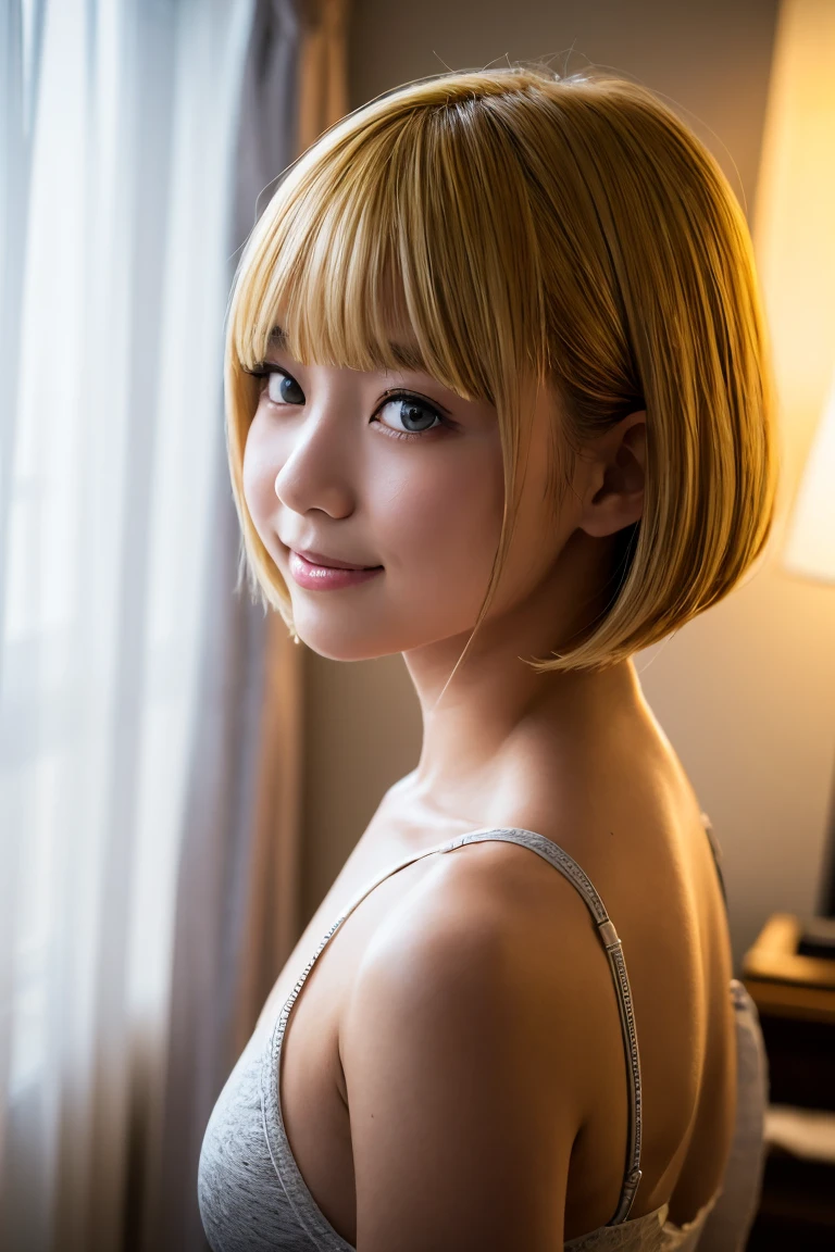 ((The 8k quality、proffesional、top-quality、masterpiece:1.3))、realisitic、Photorealsitic、portlate、Slender Abs:1.2、( Full body:1.4)、Very cute Japan person、Slender Abs:1.2、((flat chest:1.3、AA Cup、Skinny Beautiful Girl:1.2))、((fullnude:1.3))、(outside of house:1.4)、Shiny platinum blonde hair、Silky straight shorthair、Beautiful bangs、Delicate and beautiful 14 year old beautiful girl、slender style、Highly detailed facial and skin texture、Beautiful detailed eyes、 charming big eyes、Black eyes、beautiful detailed nose、Cinematic、 ornate detail、(Wearing an aura:1.5)、(Looks Back、Emphasis on the back、Take photos from behind)、Best Looks、earring beautiful、perfect hand、Smile with your mouth wide open
