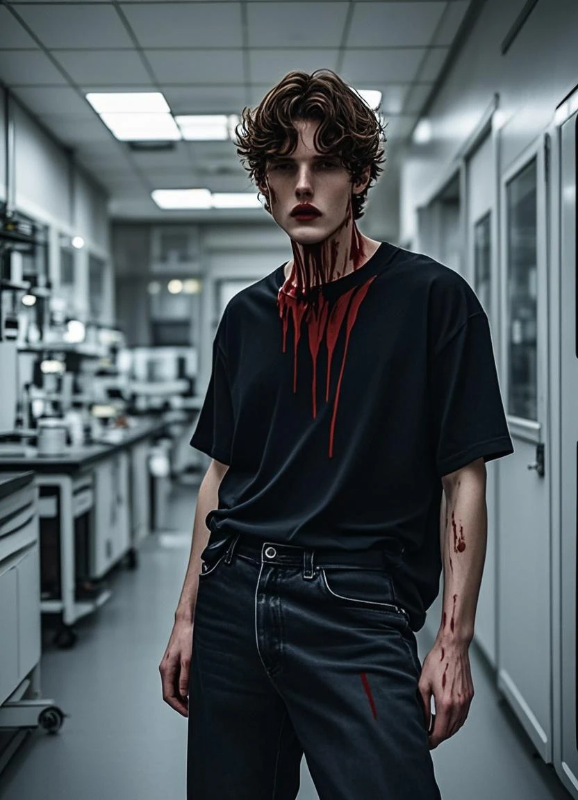 a handsome attractive slender vampire man, short  wavy silver hair, reddish eyes, goatee, muscular torso, livid pale skin, black dress pants with some cuts on the sides, white t-shirt with red spots on the collar, background a dusty basement with a box of iron and wood