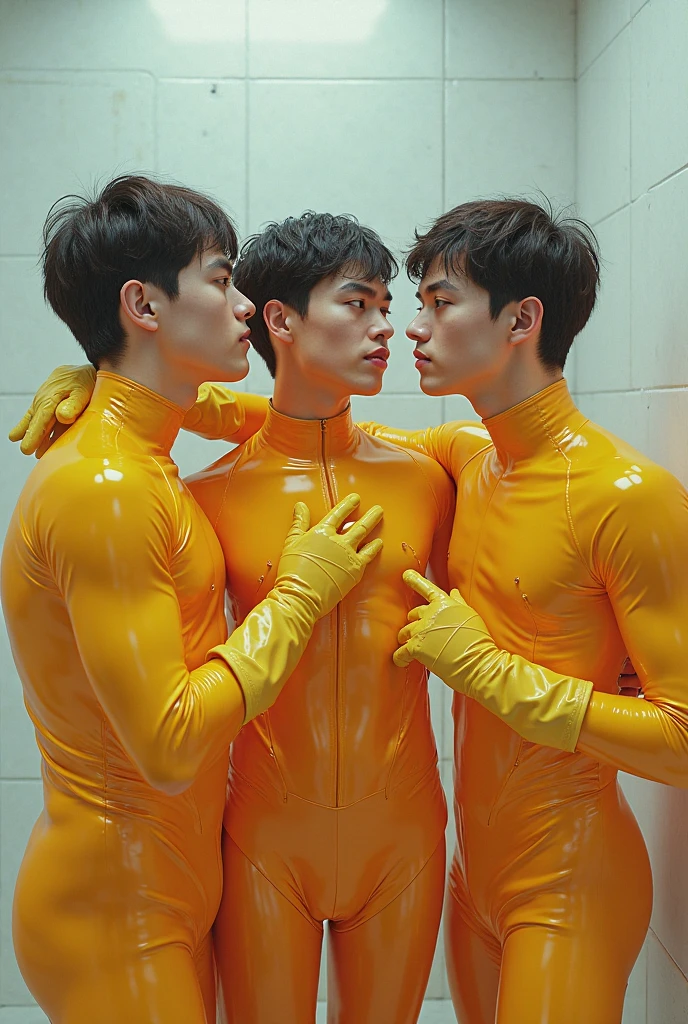 Handsome Korean teenage tourist boys, shirtless wearing a colourful underwear, taking a picture at David's sculpture in Italy