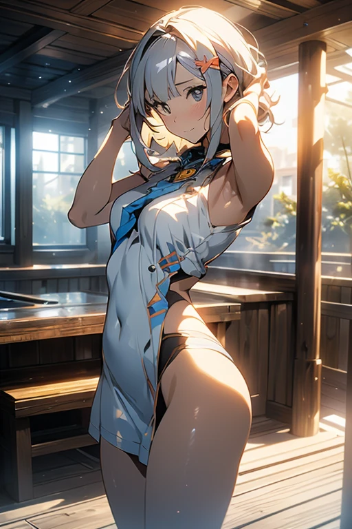 (from above:1.2),(from side:0.9),(A masterpiece of image quality in 8K),(Beautiful Allafed Woman),(((emphasizing breasts:1.1))),(Dynamic angles),(Dynamic and sexy bending pose:1.3),(sit a chair:1.1),(Short hair in shiny silver and orange inner colors,small full breasts,Disturbance of clothing due to movement,breast slip,(Ponytail twisted buns adorned with elaborate braids and beads,Braided Setup Fishbone Hair,),(see-through bangs),(perky chest:1.1), (pointed chest:1.3), small breasts、(((A white lace apron that shows your bare skin from under your small breasts)))、Blush with embarrassment、Enraptured eyes、A smile that beguiles the viewer、(Look back:1.7)、Look into the photographer,skin glistening with sweat,gazing at viewer,,(Professional Lighting),(8K,masutepiece,top-quality,Ultra-high resolution output image,),(Ultra HD with complex detail image modes),depth of fields,Beautiful hands,Beautiful fingers,Detailed finger features,(Detailed hair features:1.7),detailed facial features,detailed clothes features, (perky chest:1.1), (pointed chest:1.3), seductive weak smiling,(with sparkling eyes and a contagious smile),little open mouth,